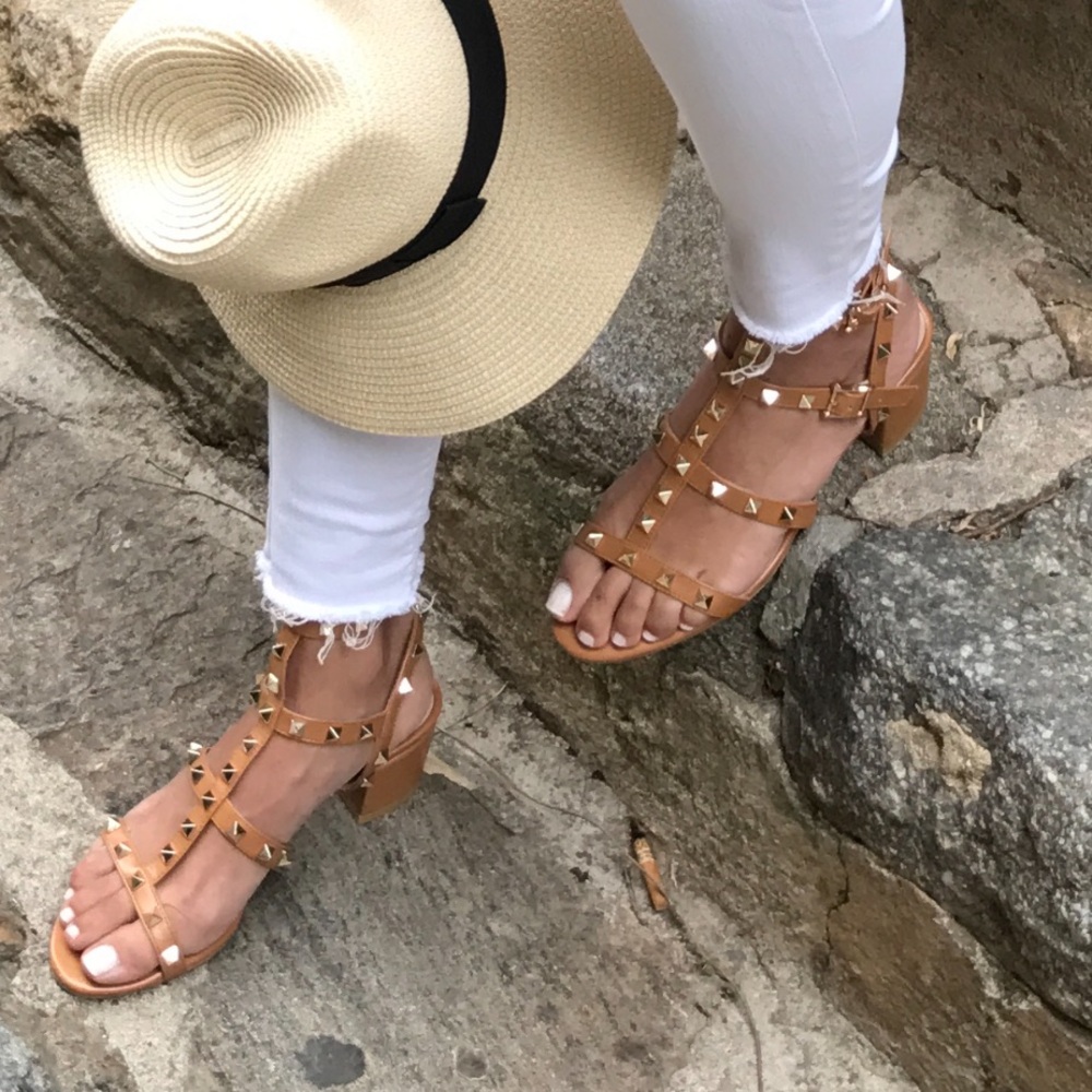Leather Tan Studded Gladiator Heel Sandals sz 8 - Picture 2 of 7